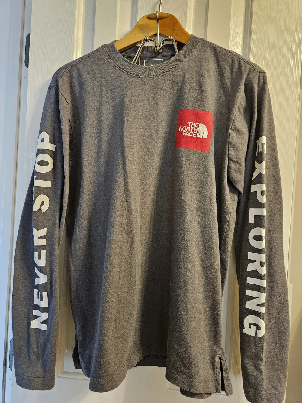 The North Face Gray Long-Sleeve Tee with Red Logo Badge